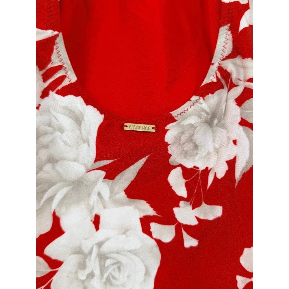 L'AGENCE Lisa Ikebana Floral Belted One Piece Swimsuit Red M - Picture 10 of 16